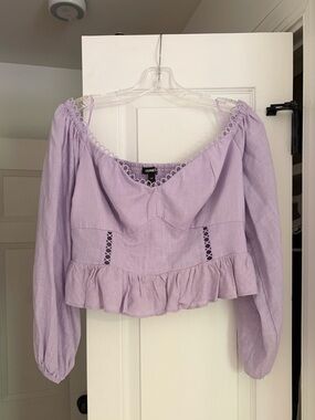 Express Lavender Peplum Puff-Sleeve Crop Top